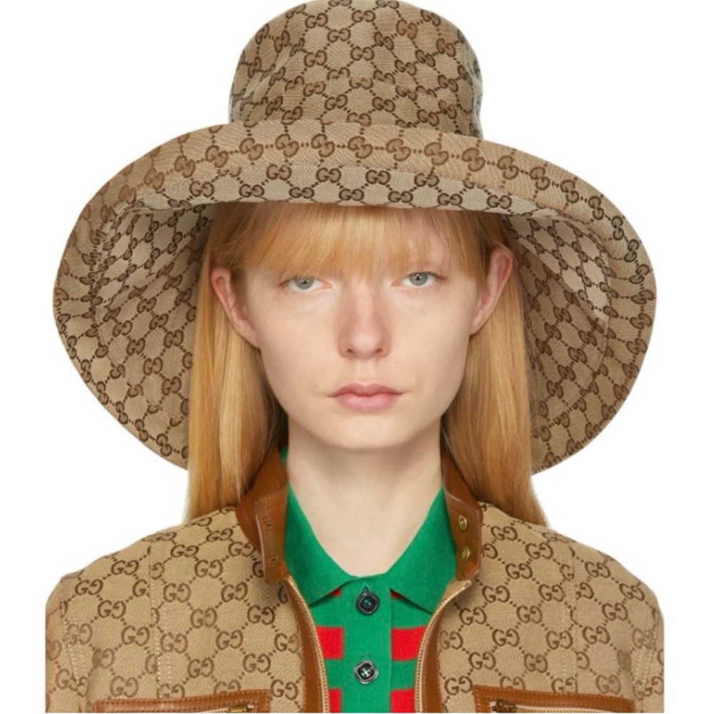 Gucci GG Monogram Bucket Hat Large Wide Brim Jacquard Beige Tan Canvas Sun Beach - Picture 9 of 16